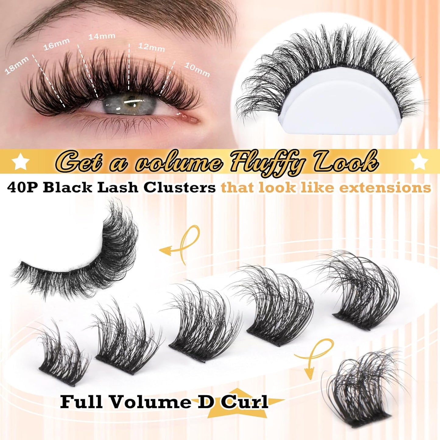 Thick Lash Extension Kit Fluffy Lash Clusters 40P Eyelash Extension Kit DIY Lash Extension Kit with Bond and Seal Glue, Lash Applicator DIY at Home for Beginner (40P 10-18MM)