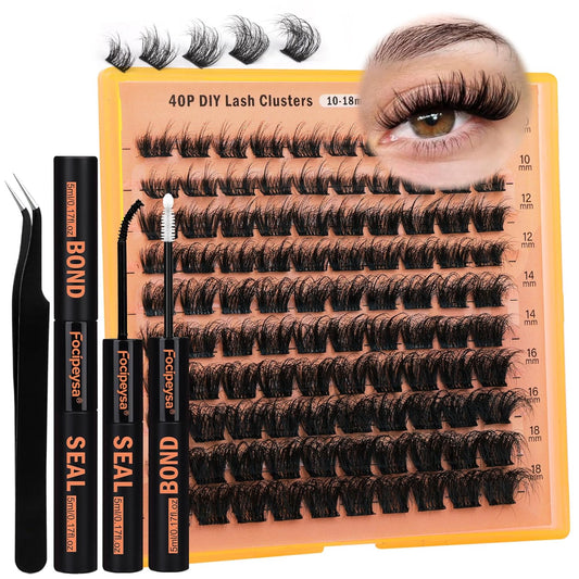 Thick Lash Extension Kit Fluffy Lash Clusters 40P Eyelash Extension Kit DIY Lash Extension Kit with Bond and Seal Glue, Lash Applicator DIY at Home for Beginner (40P 10-18MM)