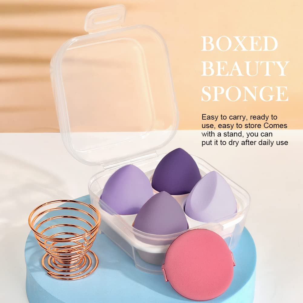 6 Pcs Makeup Sponges Blender Set, 4 Pcs Professional Beauty Sponge Foundation Blending Blender with 1 Sponge Holder, 1Powder Puff, Multi-Colored Makeup Sponges for Cream, Liquid and Powder