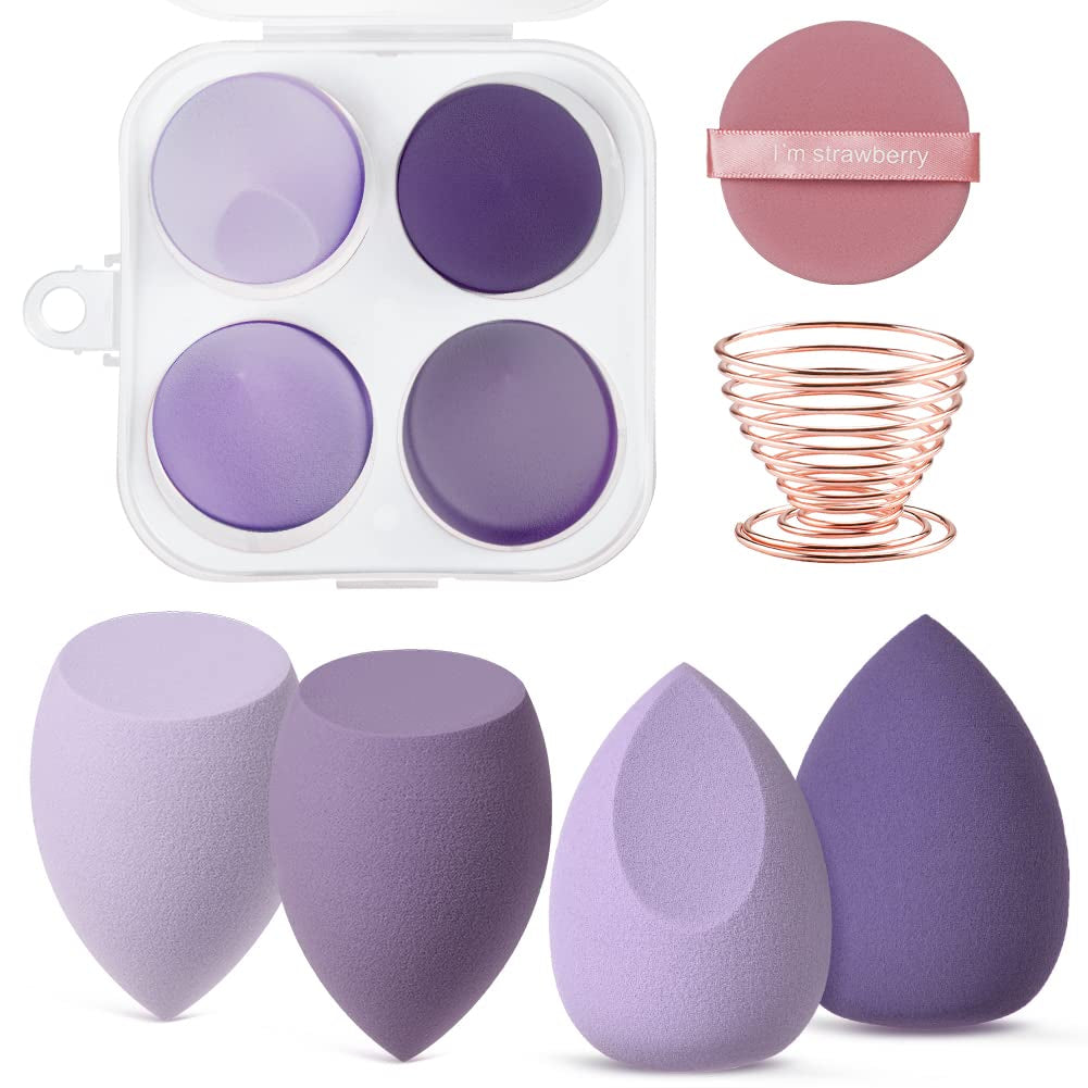 6 Pcs Makeup Sponges Blender Set, 4 Pcs Professional Beauty Sponge Foundation Blending Blender with 1 Sponge Holder, 1Powder Puff, Multi-Colored Makeup Sponges for Cream, Liquid and Powder